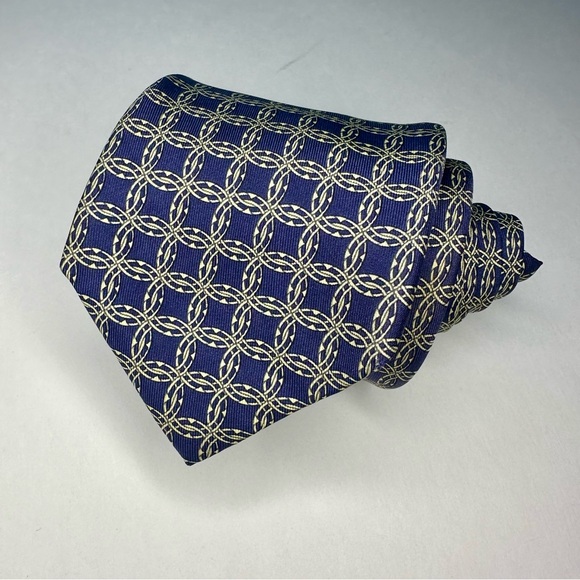 Authentic HERMES 7092 OA Luxury Classic Silk Blue French Geometric Tie - Picture 2 of 8